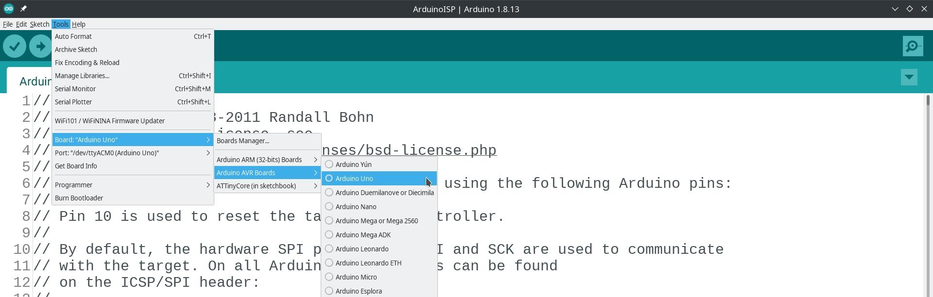 Arduino Uno als Zielplattform auswählen