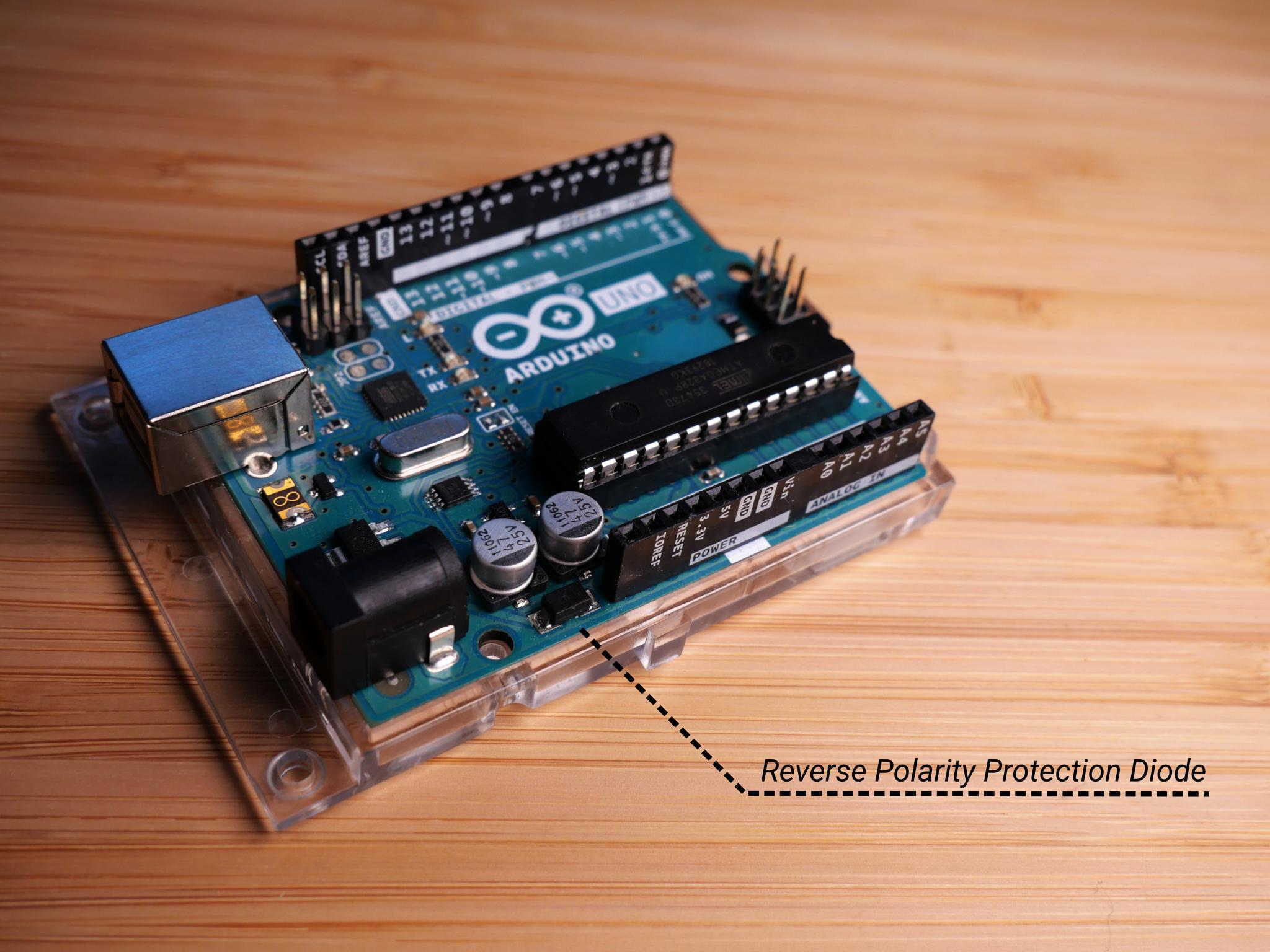 Reverse polarity protection diode next to the barrel jack connector of the Arduino