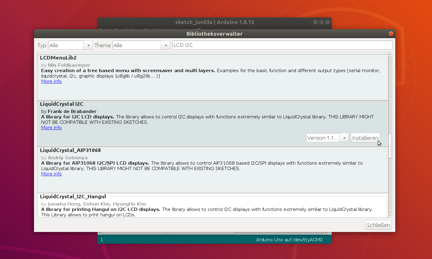Installieren der "LiquidCrystal_I2C"-Bibliothek