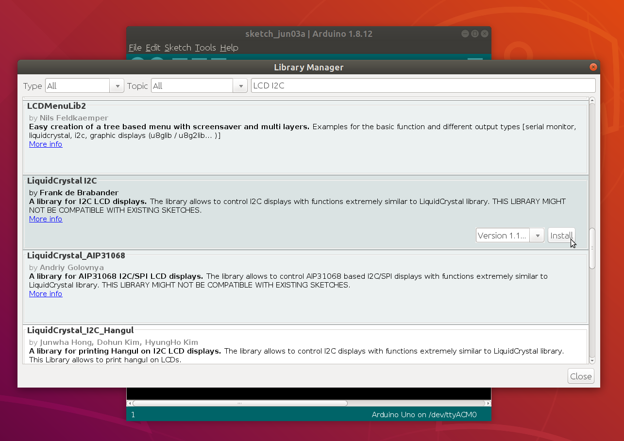Installing the LiquidCrystal_I2C library