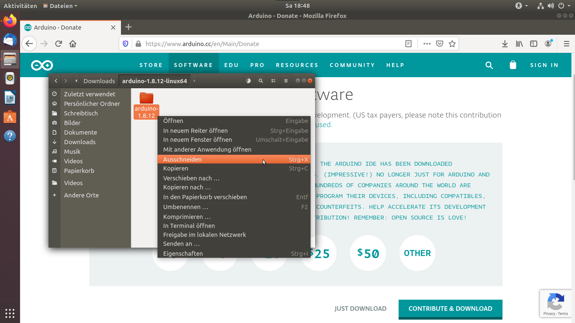 Ausschneiden des Arduino IDE Verzeichnis