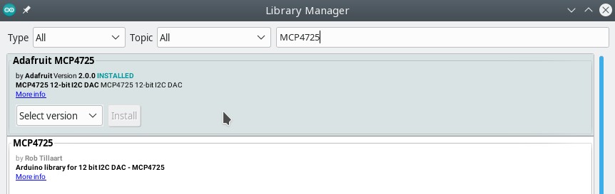 Installing the Adafruit MCP4725 library using the library manager